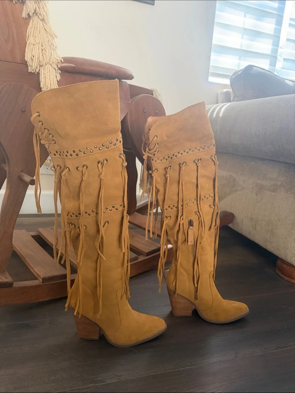 dingo Tan Fringe Over-the-Knee Suede Boots